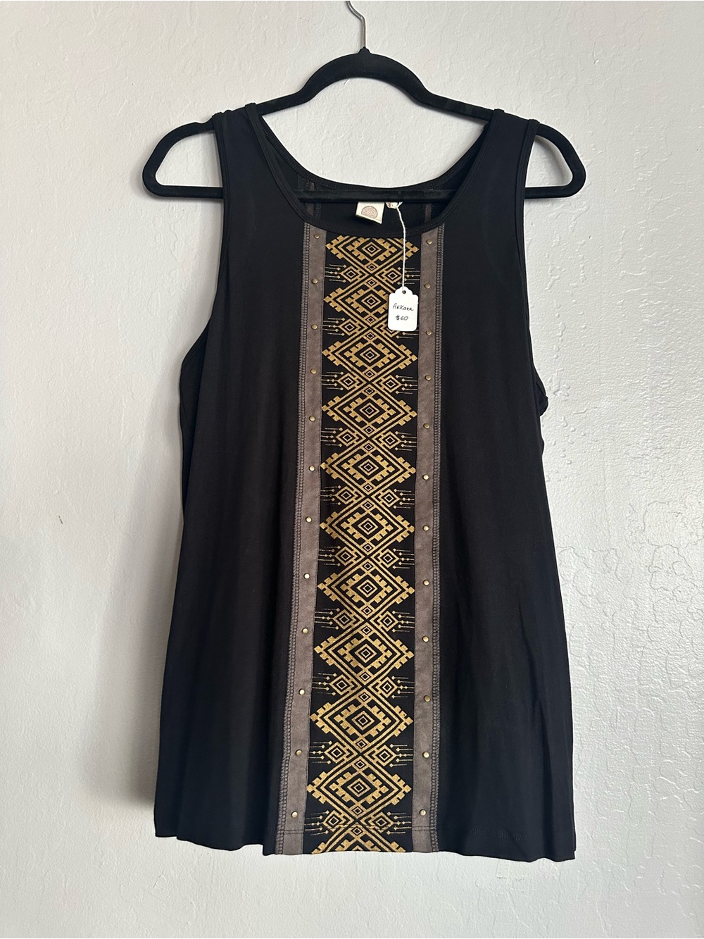 Black Sleeveless Tank with Gold Print Front Panel